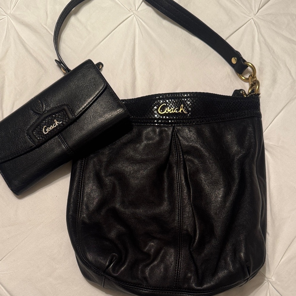 Coach Black Leather Shoulder Bag with Matching Wallet